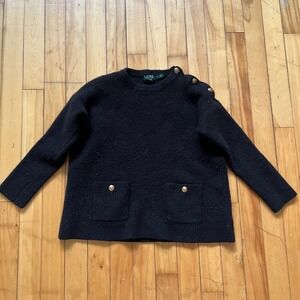 Lauren Ralph Lauren Black Wool Cashmere Blend Sweater Gold Button Detail XL